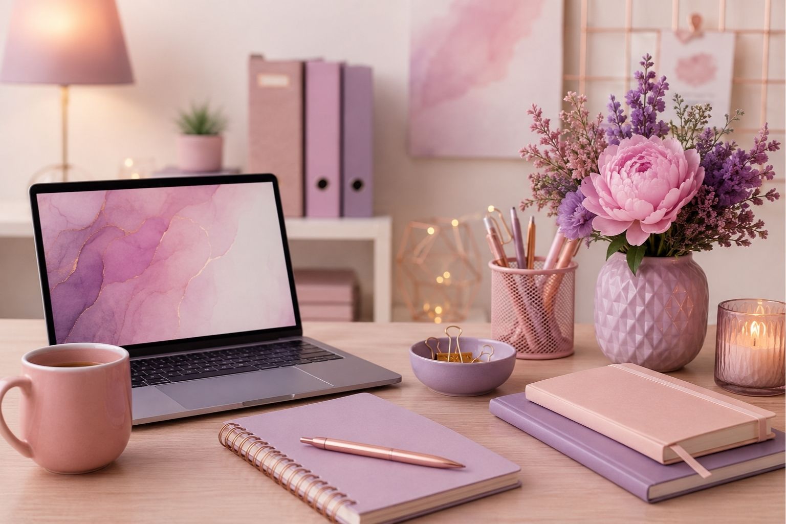 Desk with laptop and folders