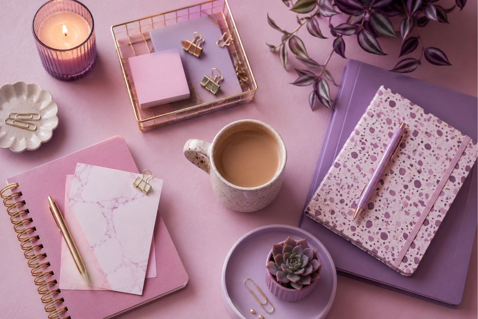 Organised desk and notebook