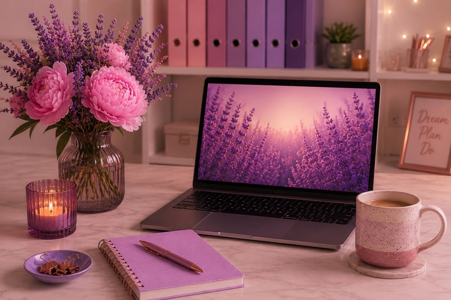 Smart Automation 4U workflow automation workspace with laptop, planner, coffee and organised office accessories
